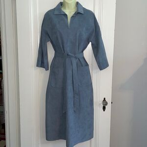 Vtg 70s Gino Rossi light blue ultra suede‎ midi dress with 3/4 sleeves